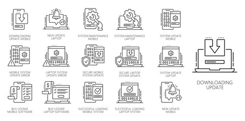 Aufkleber - Update software app line icons for computer or mobile phone application, vector pictograms. Update software app line icons of upgrade installation progress bar, system new OS version download process