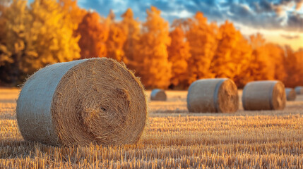 Autumn hay bale in a field with golden trees and blue sky, thanksgiving harvest scene, rural countryside landscape, peaceful and rustic farm atmosphere, copy space