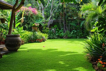 Lush tropical garden with vibrant greenery and flower beds in a serene backyard setting during daylight hours