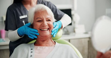 Poster - Senior, woman and dentist hands for checkup of dental cleaning, teeth whitening and hygiene results. Patient, orthodontist and veneer implant, cosmetic dentures and inspection of oral healthcare