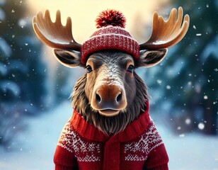 Poster - Cute Cartoon Winter Christmas Moose Character Wearing a Red Hat and Scarf in the Snow