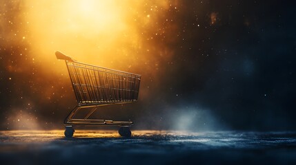 Black Friday sales abstract background with different lights, empty shopping cart and copy space