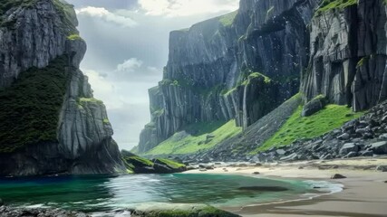 Wall Mural - Dramatic cliffs rising above a secluded beach, Video