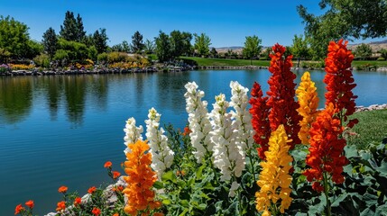 Vibrant Flowers by Serene Lake in Bright Sunshine