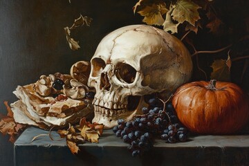 Wall Mural - still life the skull with old food - generative ai