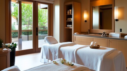 Tranquil spa room with two massage tables and natural light, designed for relaxation and wellness treatments in a serene setting