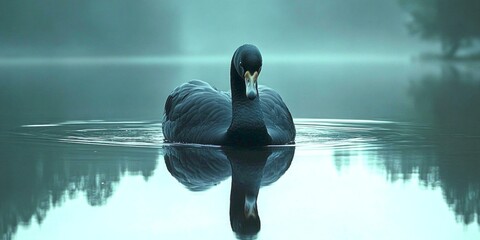 Wall Mural - A serene scene featuring a black swan gliding effortlessly on calm waters. The mist creates a tranquil aura. Perfect for nature lovers or environmental themes. AI