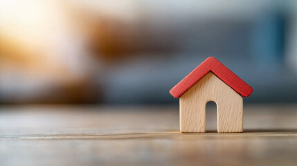 small wooden house model with red roof sits on wooden surface, symbolizing home and comfort.