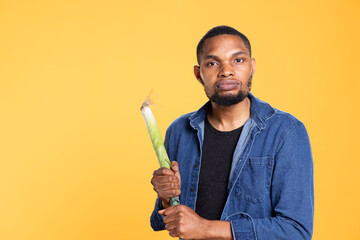 African american guy pretending to start a fight with a leek, holding produce as a bat against yellow background. Young adult feels confident in combat skills, having fun with bio goods.