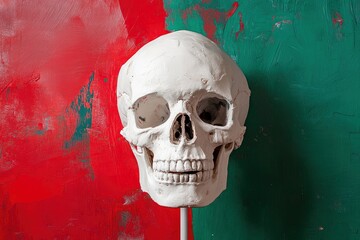 Wall Mural - white plaster human skull before a red and green background - generative ai