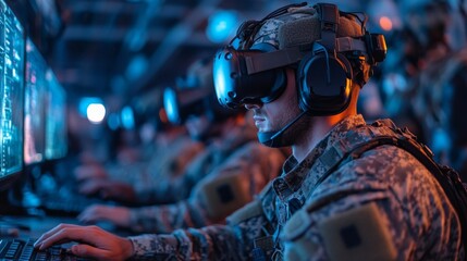 Aufkleber - Soldiers are utilizing virtual reality headsets while seated at computer stations, participating in advanced training exercises within a dimly lit environment designed for immersion.