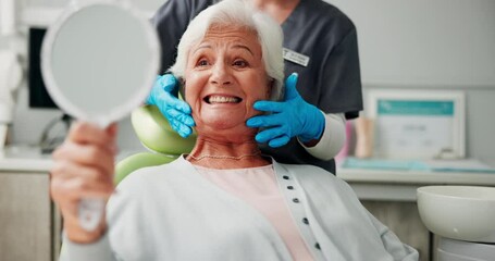 Canvas Print - Clinic, dentist and senior woman with smile, mirror and showing of results, dental and clean mouth. Hospital, teeth and oral hygiene for grandma, hands and treatment for toothache and appointment