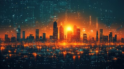 Futuristic cityscape with digital grid overlay and warm glow