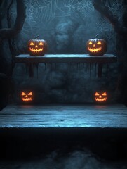 Spooky halloween scene with grinning pumpkins cobwebs and eerie atmosphere for a frightening festive display