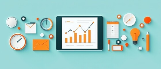 Flat Design Image of Project Management Interface Featuring Graphs Clocks and Productivity Tools for Effective Planning and Organization