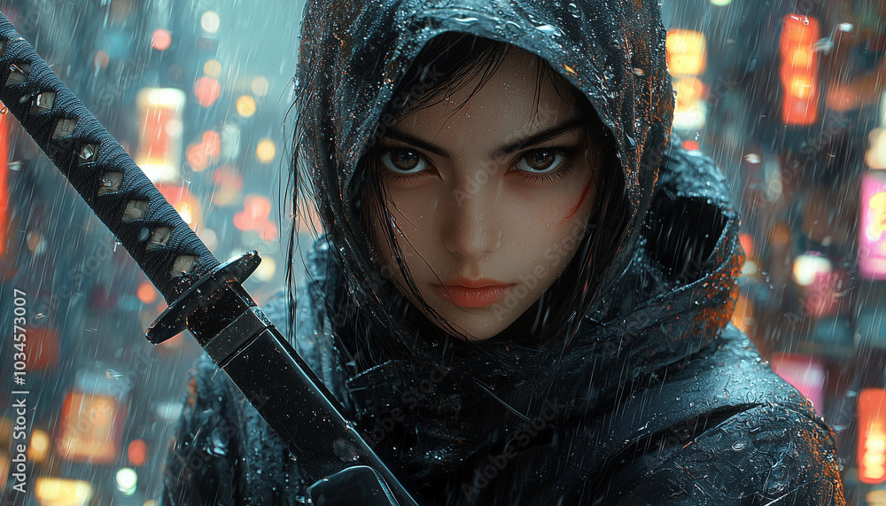 determined ninja girl in black suit stands in rain, holding katana. Her ...