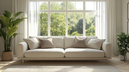 Wall Mural - Modern minimalist living room with sofa plants and window view
