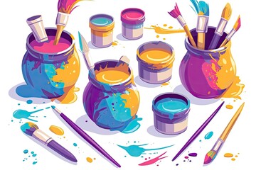 Aufkleber - Creative workspace filled with colorful paint pots, brushes, and splashes of vibrant colors showcasing an artistic environment ideal for crafting and painting activities