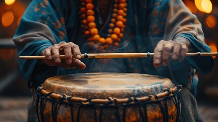 Rhythmic Beats: Man Playing Percussion Instrument with Sticks on Dark Background