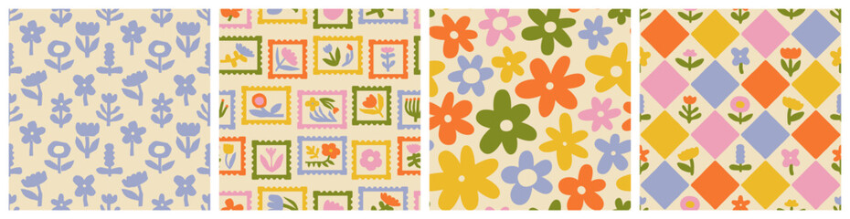 Leinwandbilder - Colorful abstract flower art seamless pattern set. Checkered nature floral background in vintage style. Spring season post card stamp sticker decoration texture, geometric drawing print collection.
