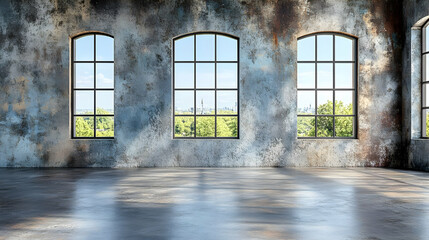 Three Large Windows with Cityscape View in Industrial Building Interior 3D Render