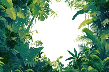 Poster - Lush tropical foliage frames a blank space in a green jungle setting, inviting exploration and adventure beneath bright sunlight