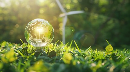 A light bulb shaped like the Earth emits light amidst greenery, symbolizing renewable energy and sustainability.