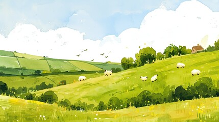 Wall Mural - Pastoral scene featuring grazing sheep in a vibrant green meadow under a bright blue sky with fluffy clouds, capturing a peaceful rural landscape during the day