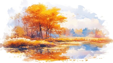 Poster - Autumn landscape reflecting colorful trees and houses by a serene lake in a tranquil setting during a bright day