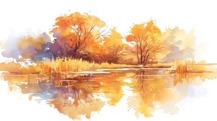 Poster - Autumn landscape reflecting colorful trees and houses by a serene lake in a tranquil setting during a bright day