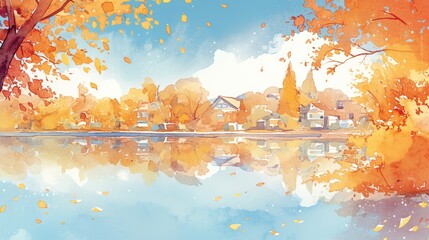 Poster - Autumn landscape reflecting colorful trees and houses by a serene lake in a tranquil setting during a bright day