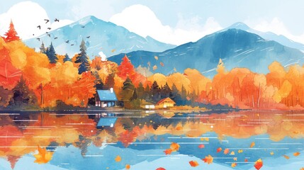 Poster - Autumn landscape reflecting colorful trees and houses by a serene lake in a tranquil setting during a bright day