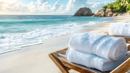 63. A picturesque beach setting with towels and an area for a product