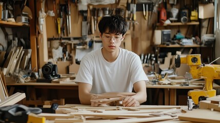 Young carpenter focused on crafting wooden pieces in a bustling workshop filled with tools and materials during the day