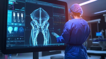 Fototapete - A doctor, wearing a blue surgical gown and a surgical cap, examines a large screen. The screen shows a 3D rendering of a person's bones, likely used in a surgical procedure.