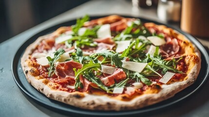 A beautifully presented gourmet pizza topped with arugula, prosciutto, and shaved parmesan, sitting on a stylish plate in a modern kitchen setting.