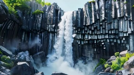 Poster - Waterfall flowing over basalt columns in a volcanic landscape, Video