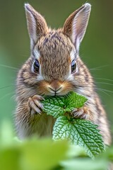 Adorable baby rabbit bunny eating vegetable sitting on green grass spring time over bokeh nature background. Cuddly furry rabbit eat fresh vegetable at outdoor. Easter animal concept.