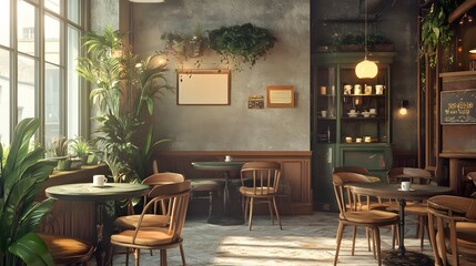 32. A cozy coffee shop corner with seating and a blank area for a product