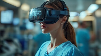 Aufkleber - A healthcare professional wears virtual reality goggles while engaging with digital medical simulations in a busy hospital environment. The setting appears high-tech and innovative.