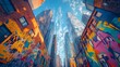 © Alpha - Skyscrapers reaching towards the sky with vibrant graffiti murals at street level, reflecting the city's urban culture and modern architecture