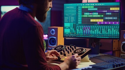 Aufkleber - Audio engineer creating sound effects for a new soundtrack, recording tunes on electronic piano and adding creativity to audio project. Songwriter producer editing and mixing recordings. Camera A.