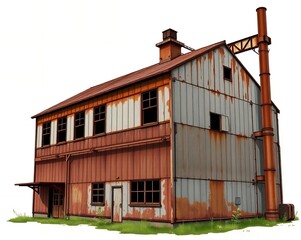 rusty old building with a chimney and a window on a white background.