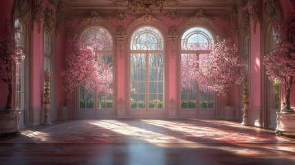 Elegant ballroom in a pink castle, sunlight streaming through tall windows, cascading flowers in full bloom outside, intricate floral patterns on the walls