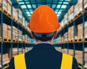 A worker in an orange hard hat and safety vest surveys a warehouse filled with stacked boxes.