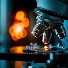 A close-up of a microscope with illuminated specimens, set against a blurred, colorful background, highlighting scientific discovery and research.