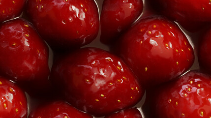 Wall Mural - a close-up, top-down view of glazed strawberries, filling the entire frame with the focus on the strawberries' intricate details