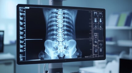 Aufkleber - A spine X-ray reveals the structure of vertebrae and discs, shown on a monitor in a healthcare setting. The room is well-lit, featuring medical equipment and organized charts.