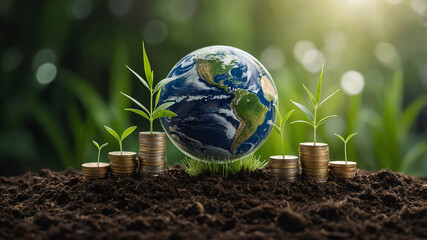 Coins stacked with growing plants and a globe, symbolizing financial growth, sustainable investment, and the rise of the green economy for a better future.	