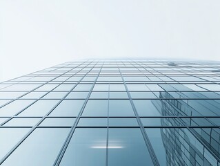 Low angle view of a modern glass building with a clear blue sky.